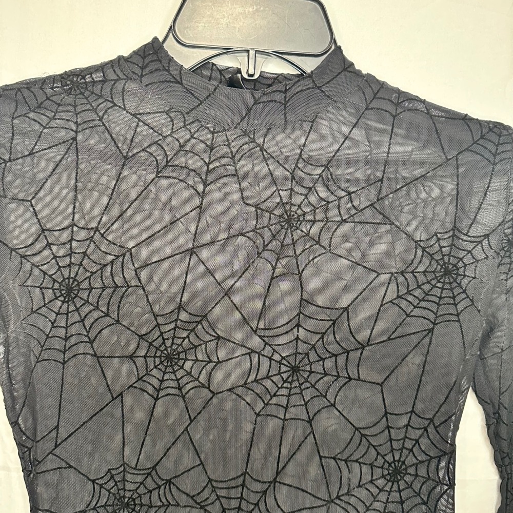 SHEIN Black Mesh Spider Web Top Long Sleeve Mock Neck Goth Halloween XS 2
